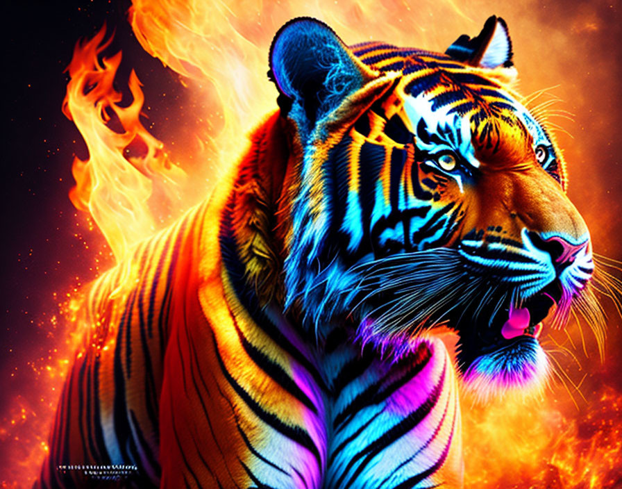 Digital artwork: Vibrant tiger with flames on body in fiery background