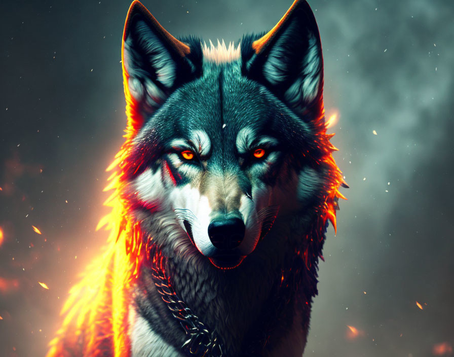 Fiery fur wolf digital artwork on dark starry background