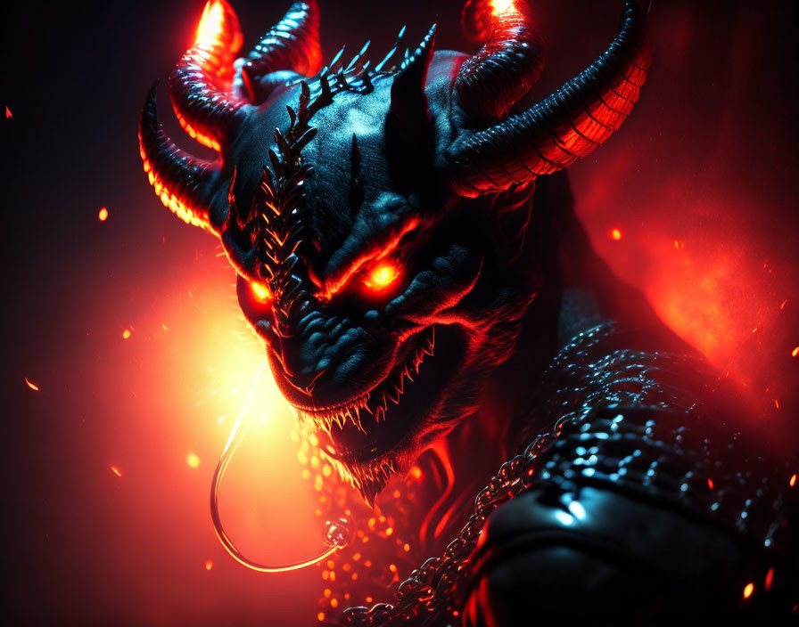 Sinister creature with glowing red eyes, horns, sharp teeth in red mist.