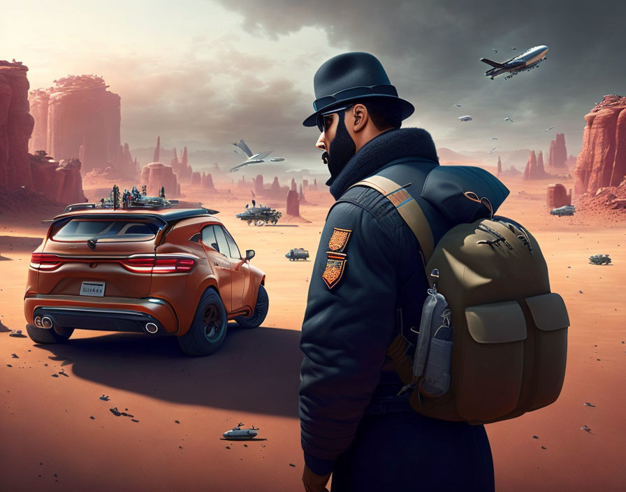 Uniformed man in futuristic desert with flying vehicles and modern car.