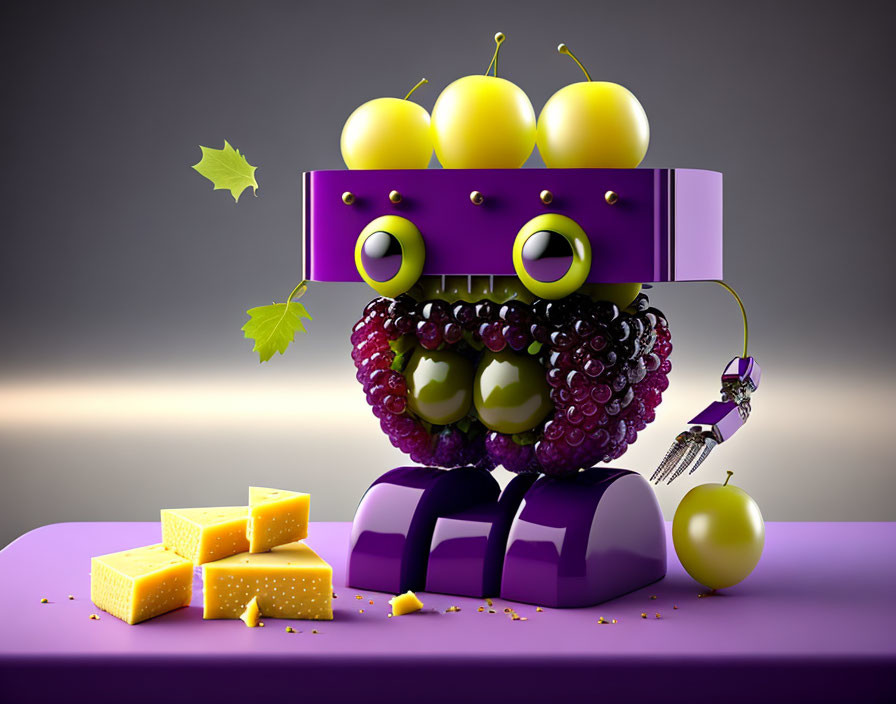 Colorful 3D illustration of a robotic entity with fruit features and cheese cubes.