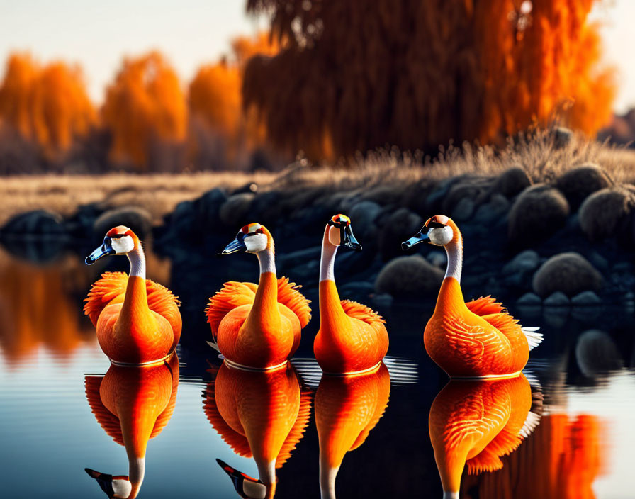 Swans on calm lake with autumn trees and soft light