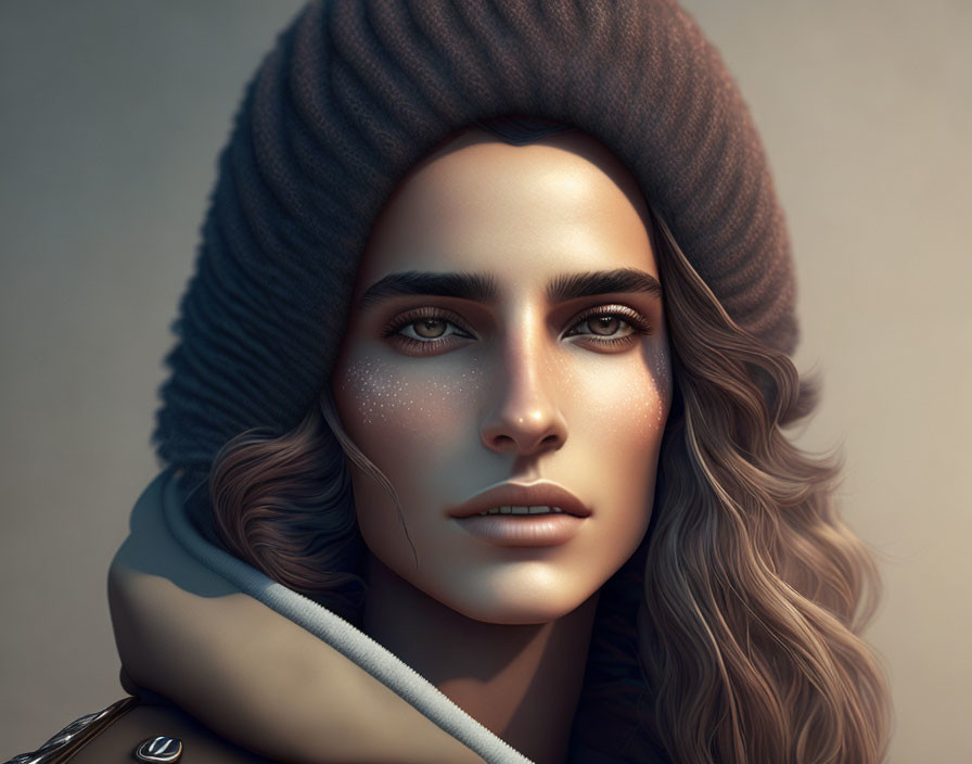 Stylized female portrait with knit hat, jacket, prominent eyes, freckles, and w