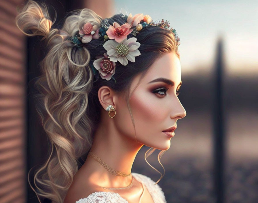 Detailed digital artwork of a woman with elegant floral hairstyle and serene expression