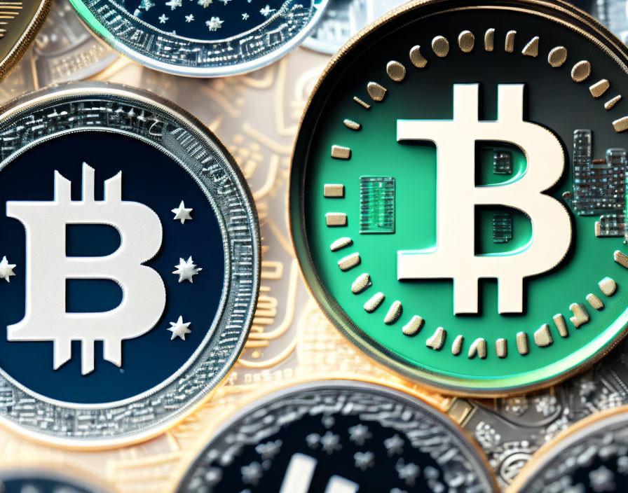 Detailed Close-Up of Green and Gold Bitcoin Tokens Representing Cryptocurrency