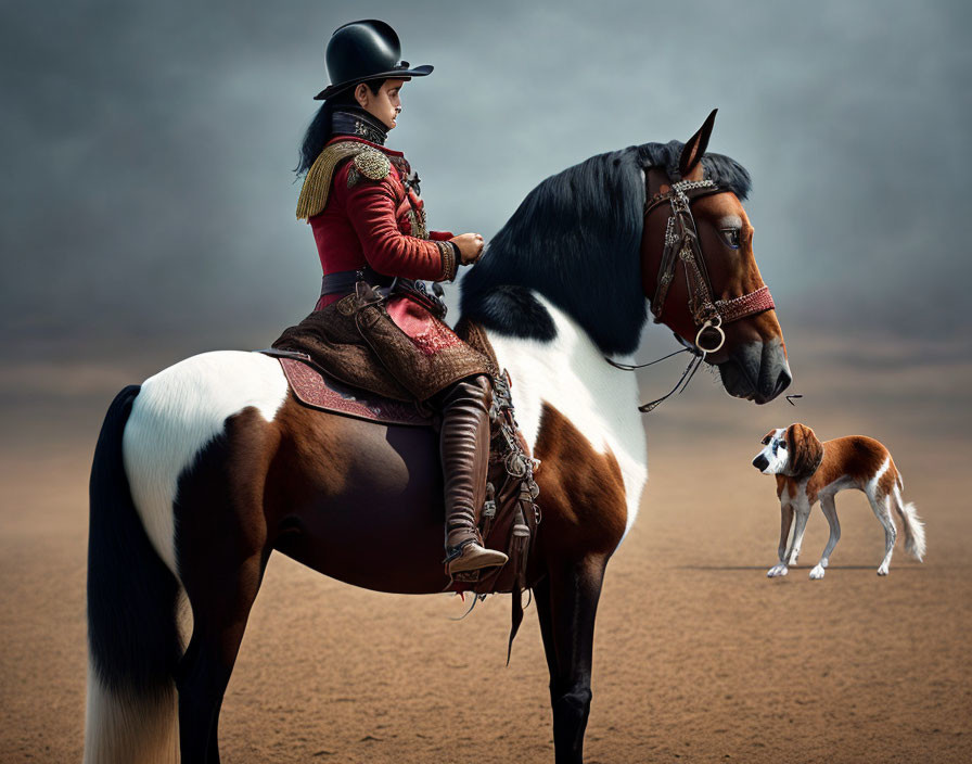 Person in red uniform on horse observing dog in desert.