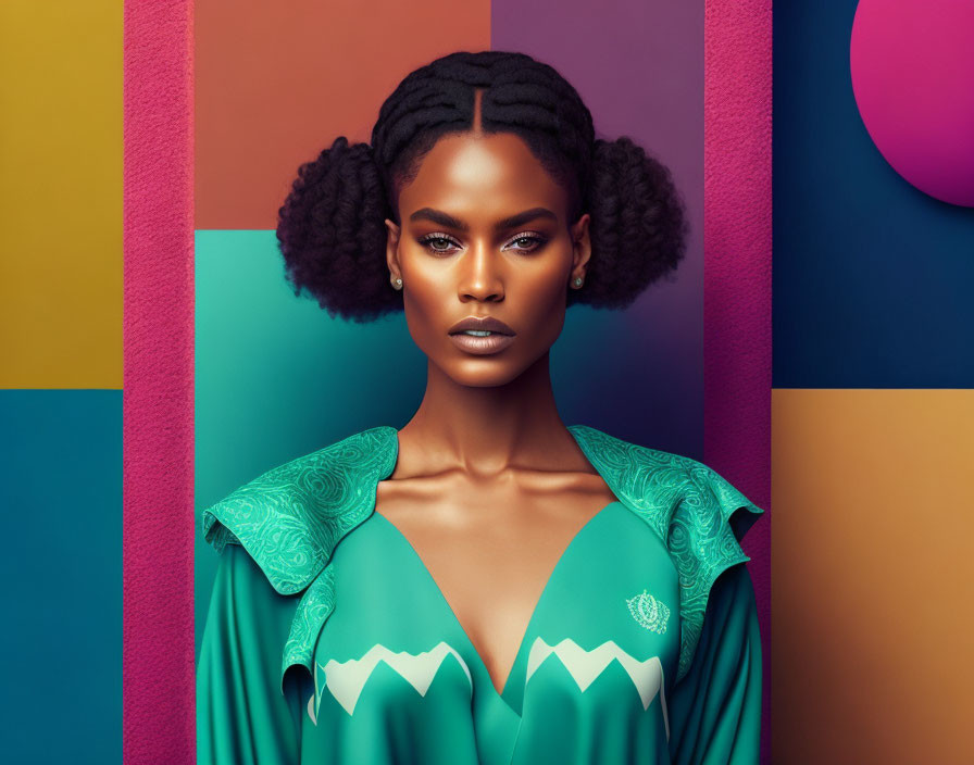 Styled hair woman poses on vibrant geometric backdrop