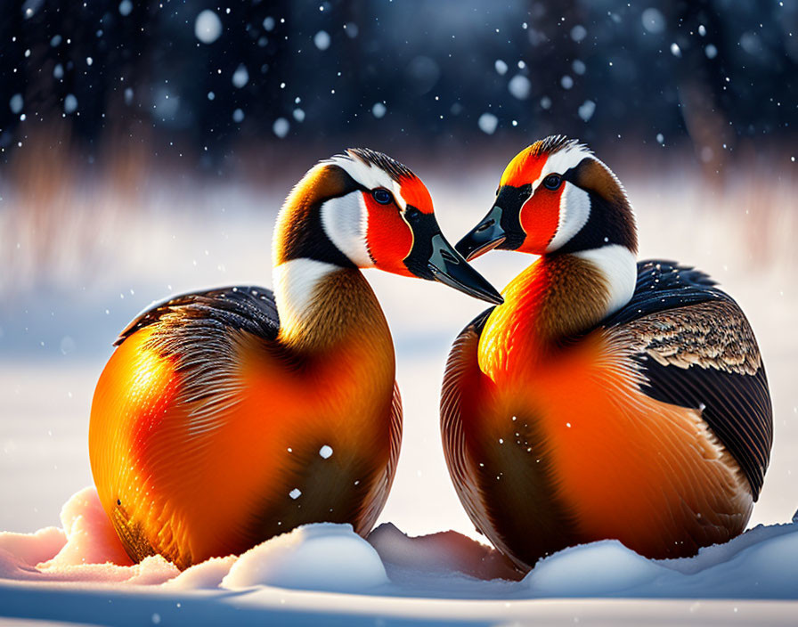 Colorful Mandarin Ducks in Snowy Setting Face Each Other