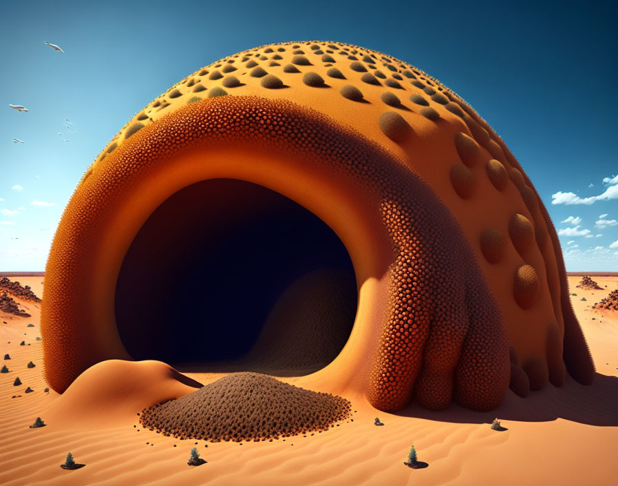 Surreal honeycomb dome in desert landscape