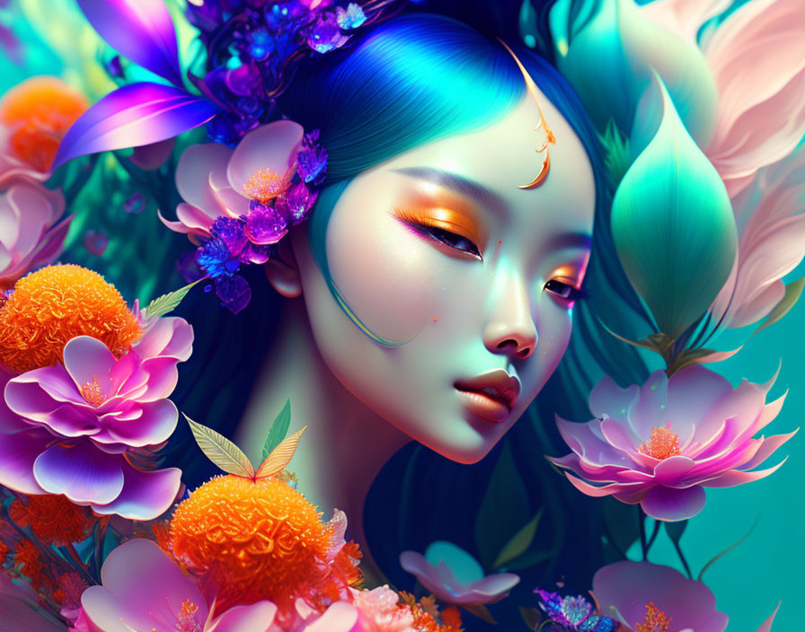 Surreal portrait of woman with vibrant flowers, feathers, crescent moon, and dreamy expression