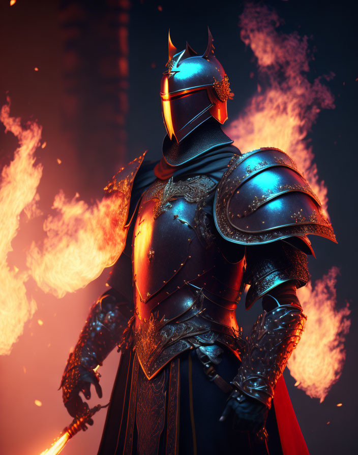 Dark-armored knight with sword in front of fiery backdrop