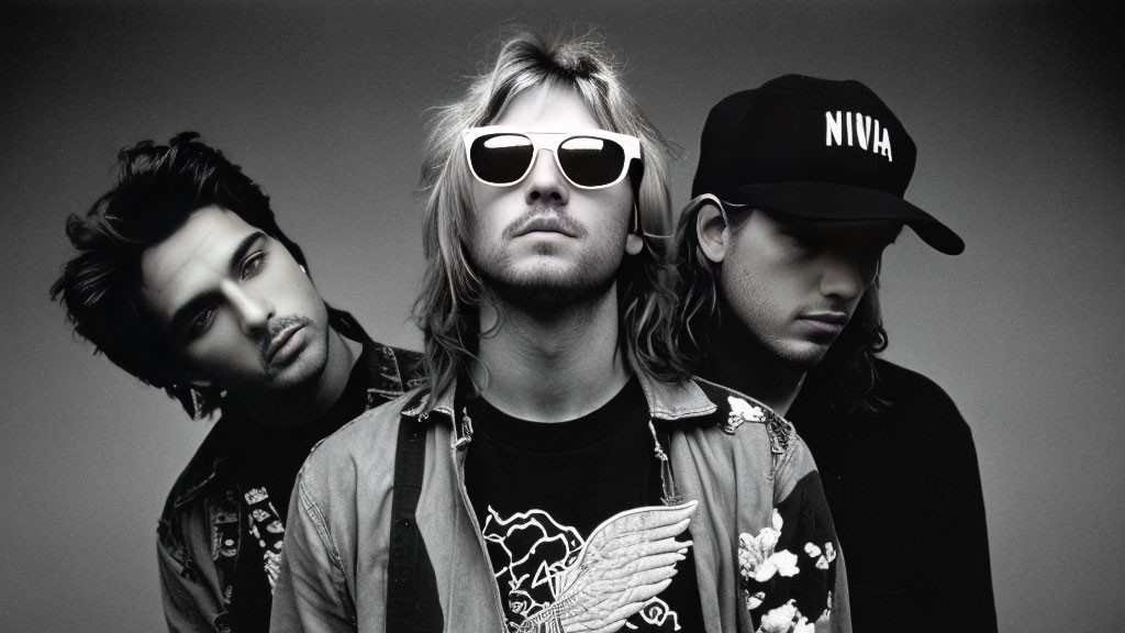 Three men posing with one in sunglasses, two with styled hair, on grey background