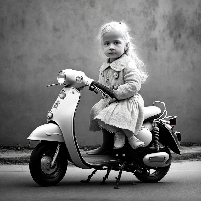 Blond-Haired Child on Miniature Scooter in Black & White Photo