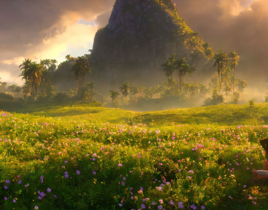 Scenic landscape with flower-filled meadow, palm trees, and misty mountain at sunrise or sunset