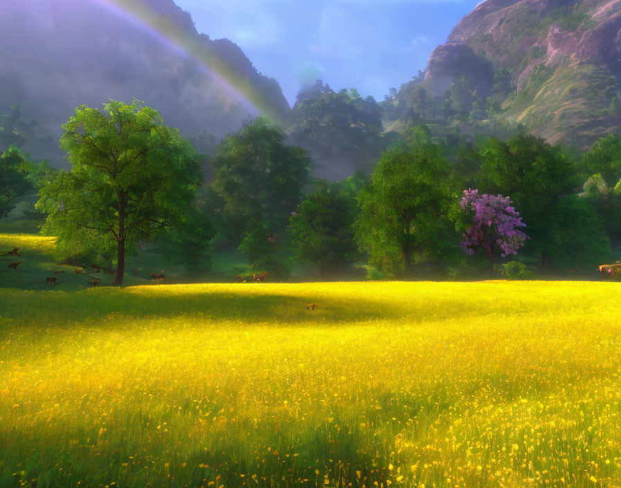 Vibrant yellow flowers in lush meadow with pink blossomed tree