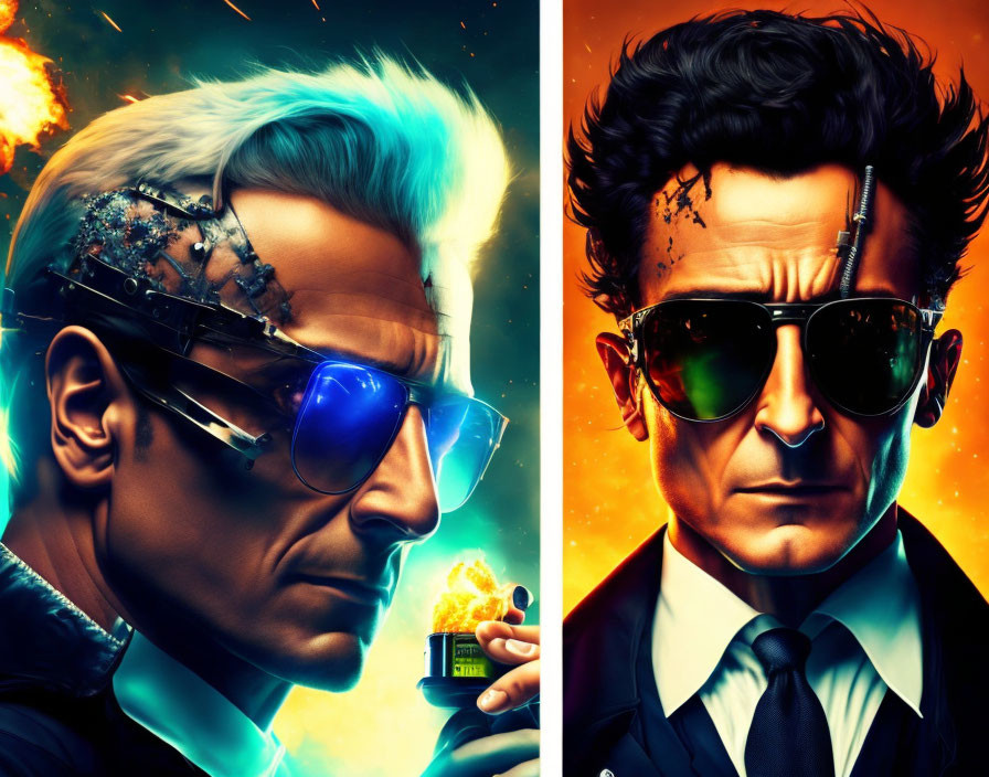 Stylized characters with cybernetic enhancements in sunglasses amid explosive backdrop