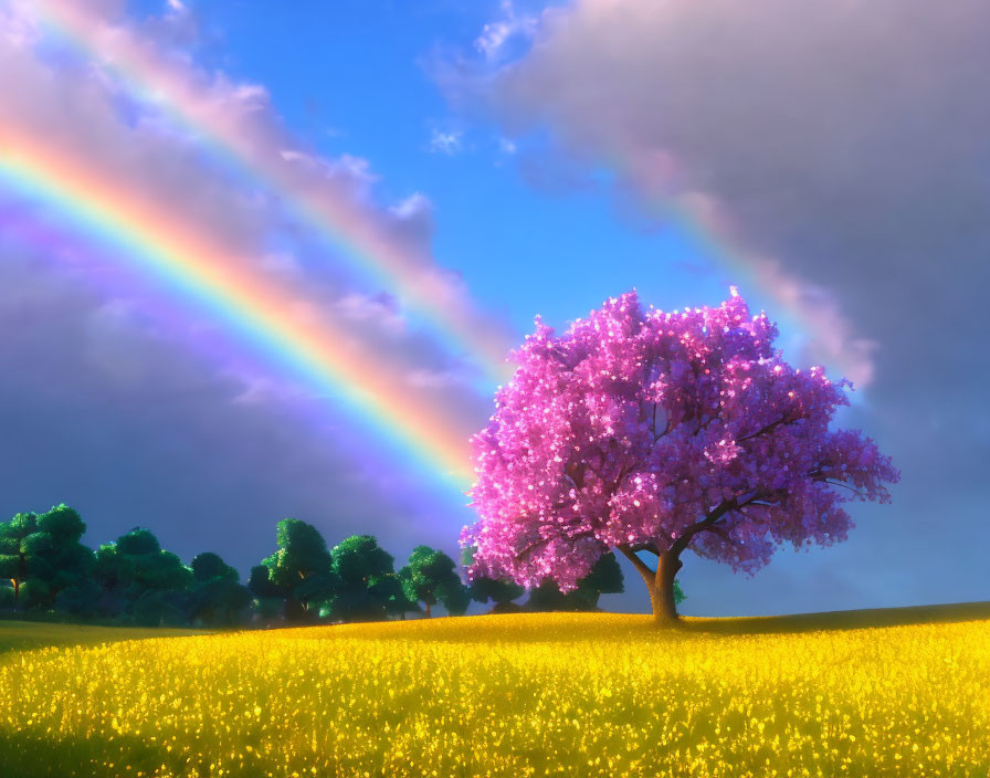 Colorful landscape with cherry blossom tree, yellow flowers, and double rainbow.