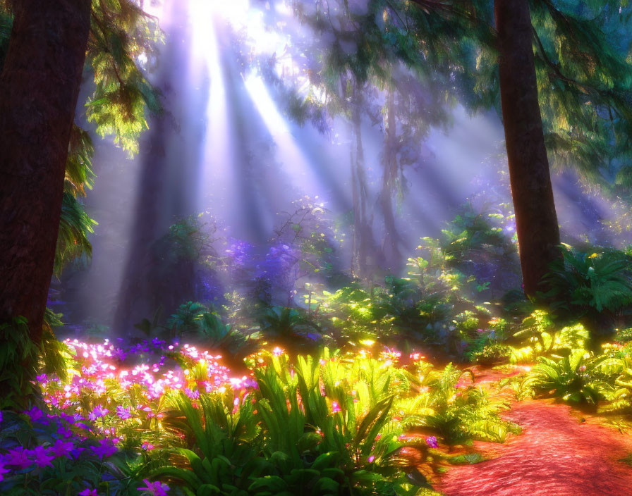 Enchanting forest scene with sunlight, mist, trees, flowers, and ferns