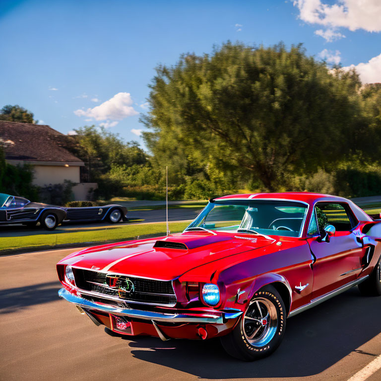 Vintage Red Mustang Car on Road with Greenery & Classic Car Background