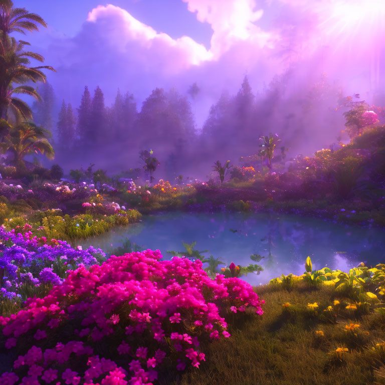 Mystical garden with lush flowers, serene pond, and sunlight rays