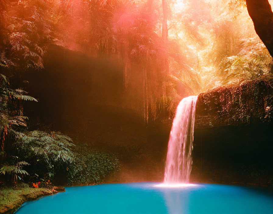 Tranquil waterfall cascading into blue pool among lush greenery