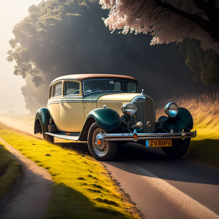 Vintage Car on Country Road at Sunrise with Cherry Blossom Blooms