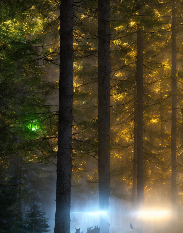 Sunlit misty forest with tall dark tree trunks