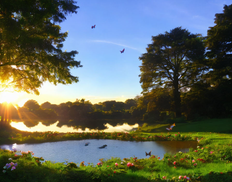 Tranquil sunset scene over calm lake with lush surroundings