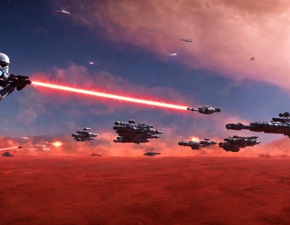 Sci-fi battle scene with spaceships above reddish terrain