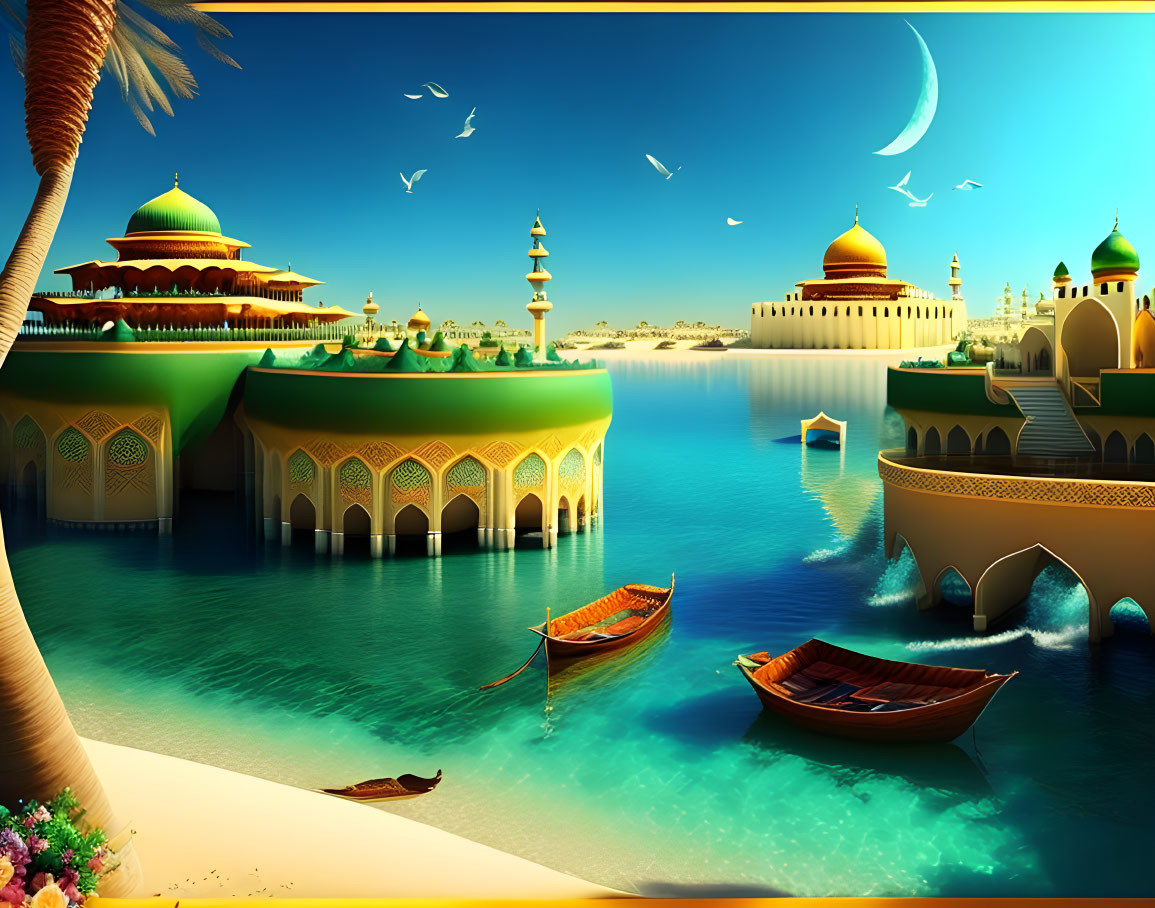 Fantasy landscape with golden domes, arched bridges, boats, and crescent moon