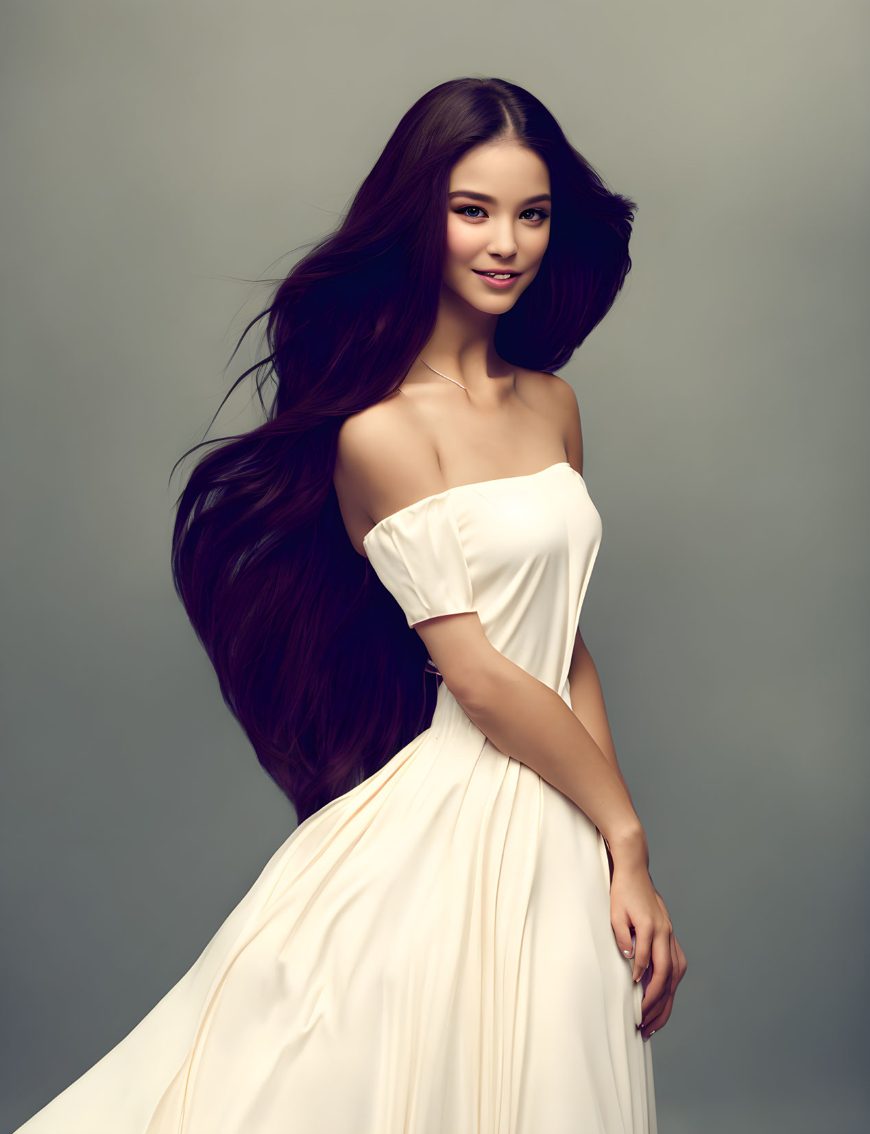 Long-haired woman in white off-shoulder dress on gray backdrop