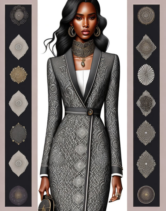 Dark-skinned woman in grey suit with choker necklace