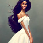 Long-haired woman in white off-shoulder dress on gray backdrop