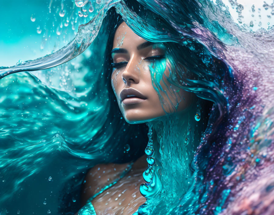 Woman with Blue Hair Submerged in Water surrounded by Splashes