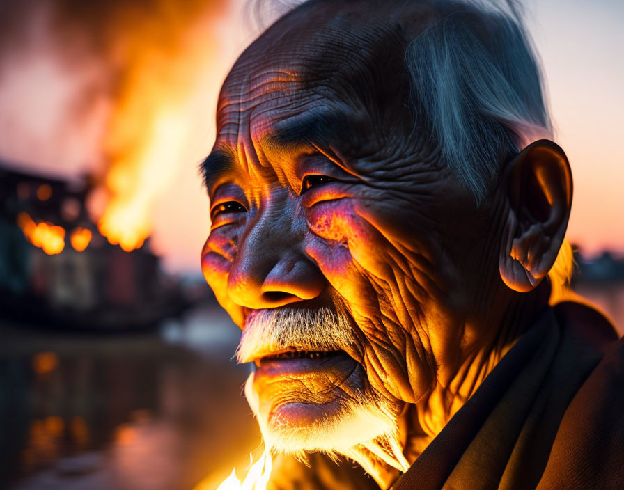 Elderly person with wrinkled face in warm light at sunset or sunrise