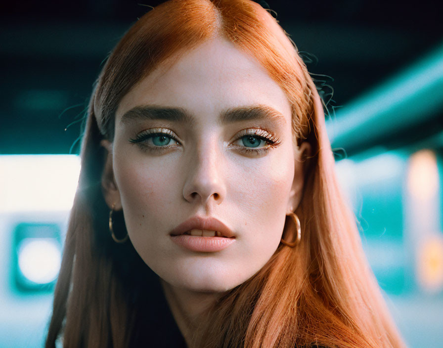 Woman with Red Hair and Blue Eyes in Urban Setting with Blurred Lights