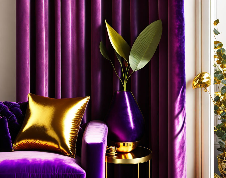 Elegant interior with purple velvet curtains, gold pillow, large vase, sofa, and table