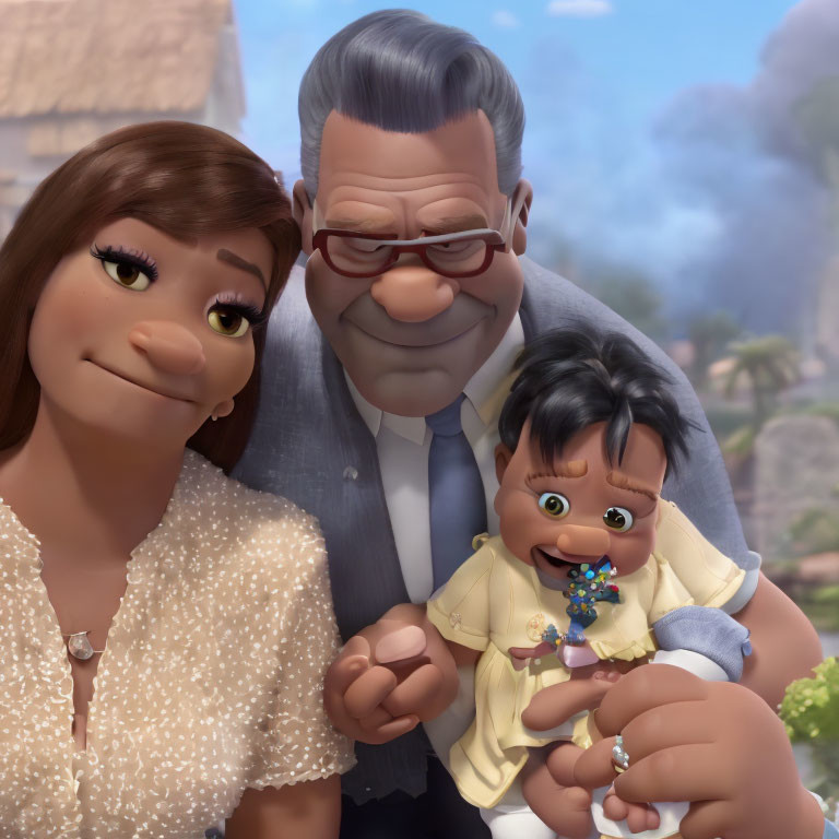 Happy animated family outdoors with baby