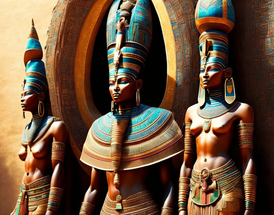 Ancient Egyptian statues with golden and blue headdresses and hieroglyphic wheel