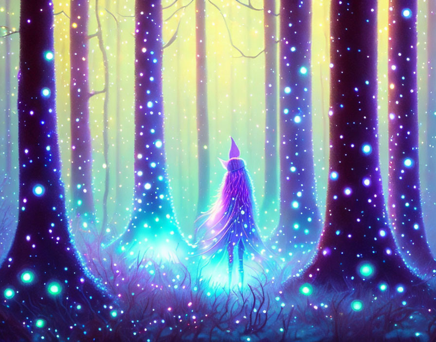 Enchanted forest with glowing flora and cloaked figure