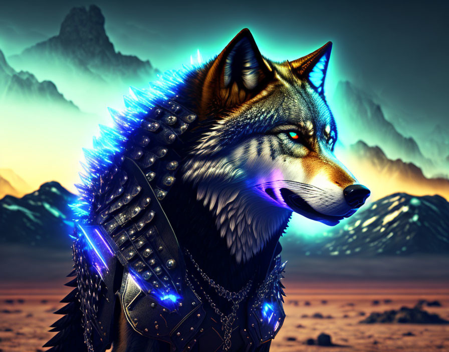 Blue-eyed wolf in futuristic spiked armor against mountainous desert landscape