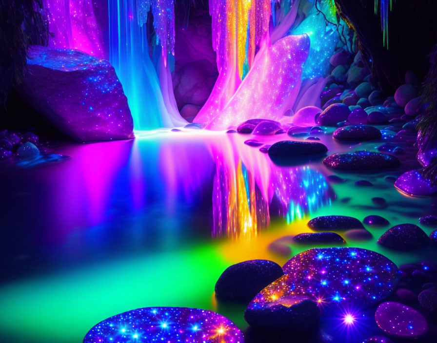 Fantasy landscape with luminescent waterfalls and glowing rocks