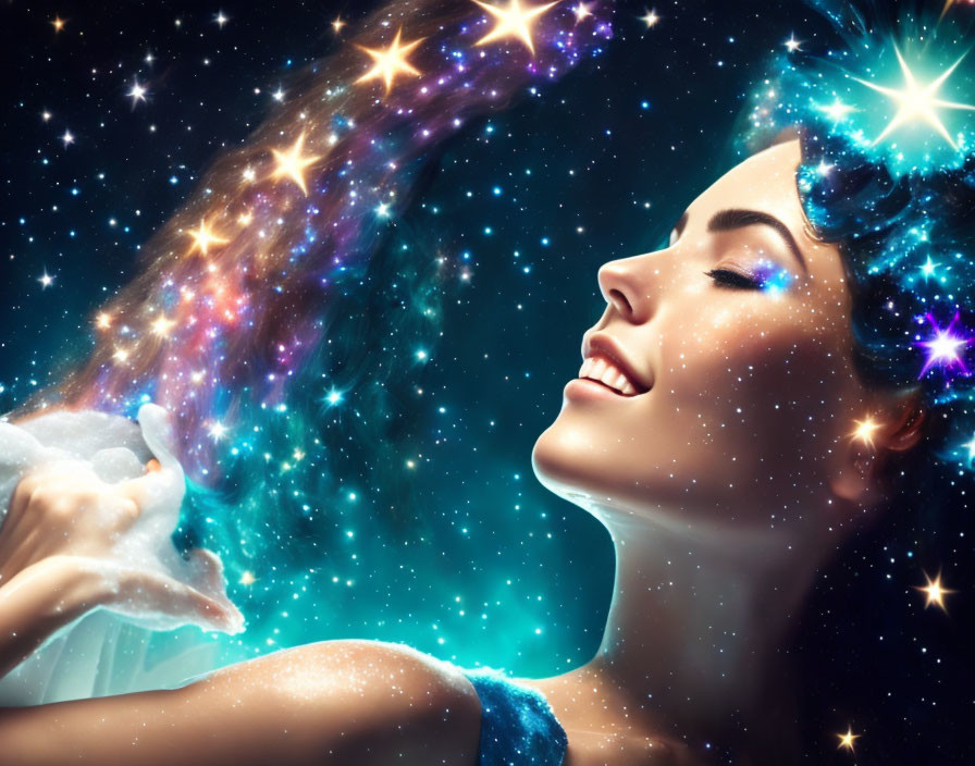 Cosmic-themed woman with vibrant starry space merging.