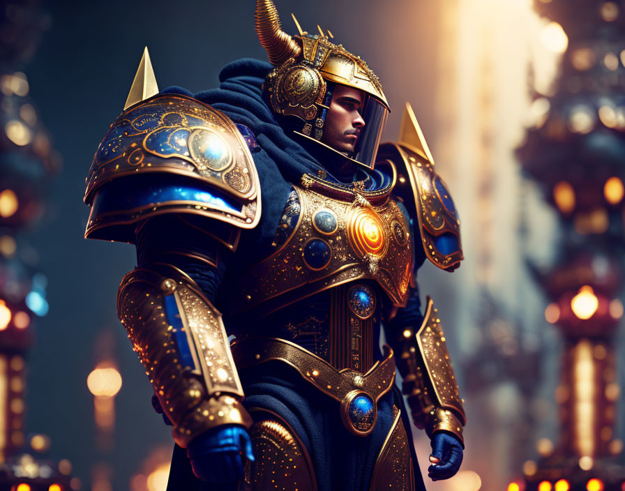 Golden-armored warrior against futuristic cityscape.