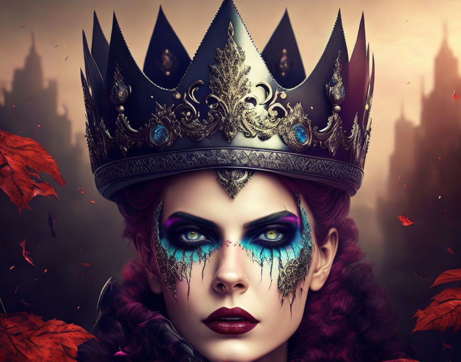 Digital Art: Woman with Dark Crown and Blue Eyeshadow in Autumnal Setting