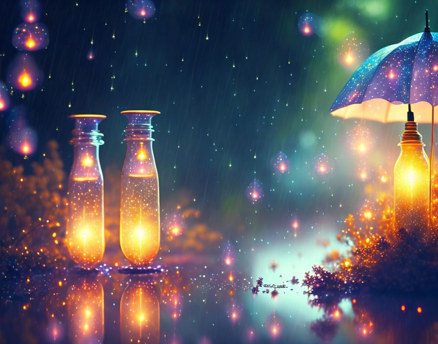 Rainy night scene with glowing fireflies in bottles, blue umbrella, and twinkling lights.