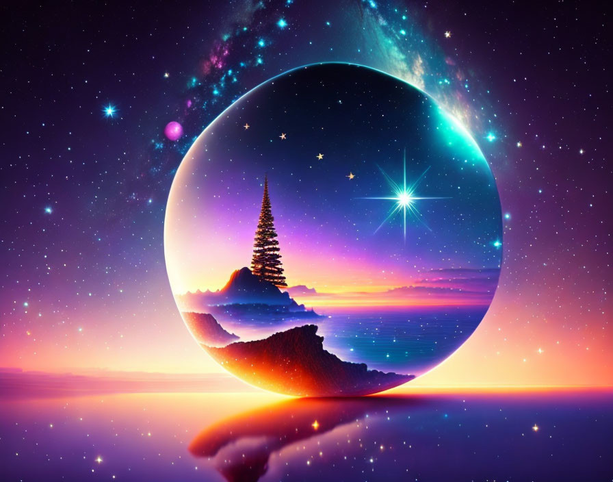 Surreal landscape with crystal sphere, pagoda reflection, cosmic backdrop, and colorful sunset horizon.