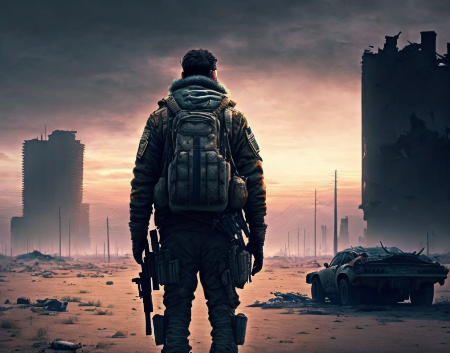 Person in tactical gear with backpack and rifle in post-apocalyptic landscape