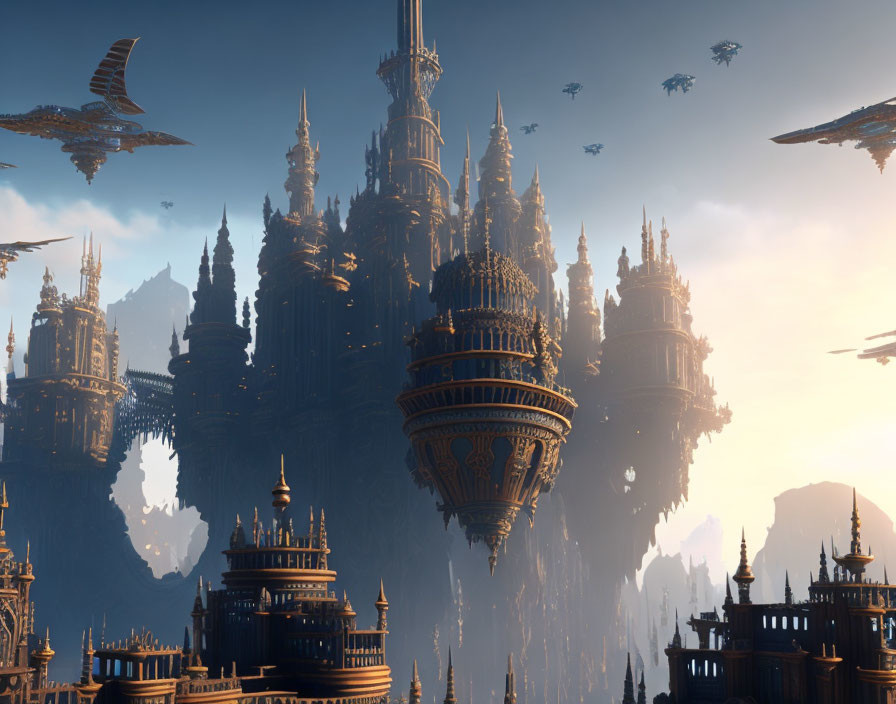 Fantastical city with towering spires and floating structures in golden-lit sky