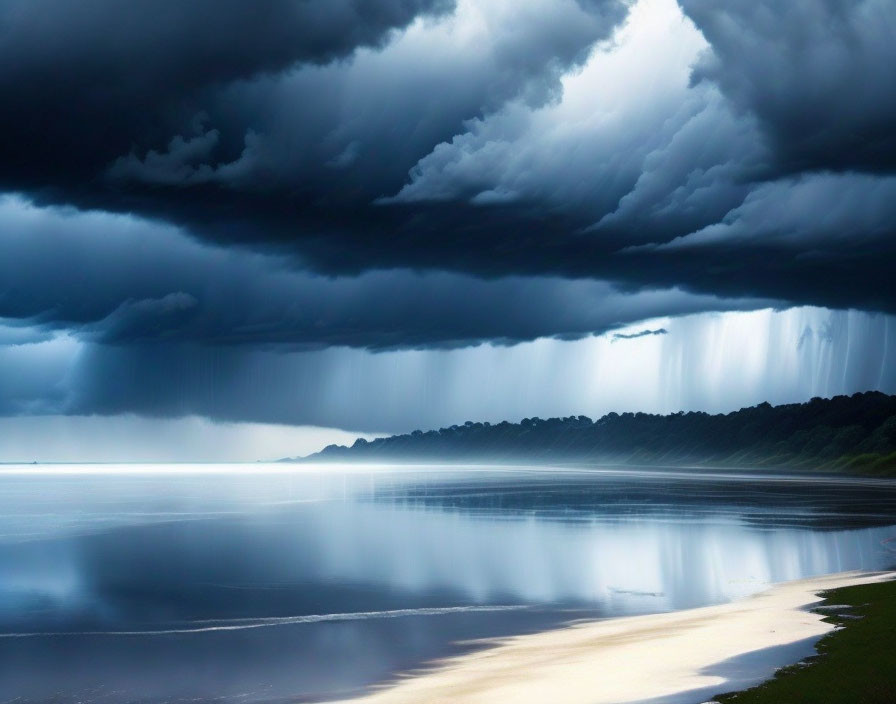 Stormy Rainfall Reflecting in Serene Water